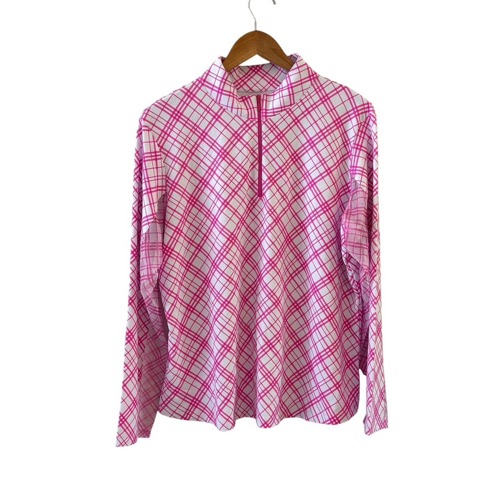 IBKUL Pink Plaid 1/4 Zip Mock Neck Top Womens XXL Long Sleeved UPF 50+ Golf